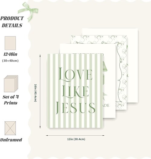 LARTSFRO Coquette Wall Art Decor | Sage Green Bow Posters for Bedroom & Bathroom | Set of 4 Unframed 12x16 Inch