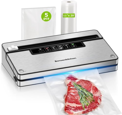 Bonsenkitchen Vacuum Sealer - Stainless Steel Food Sealer with 5 Modes & Built-in Cutter | Silver Black