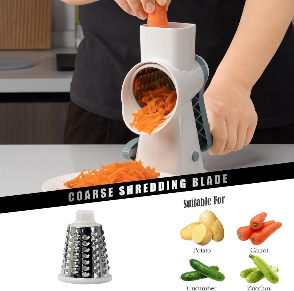 Skiennix Cheese Grater - Hand Crank Stainless Steel Shredder with 3 Blades for Vegetables & Nuts