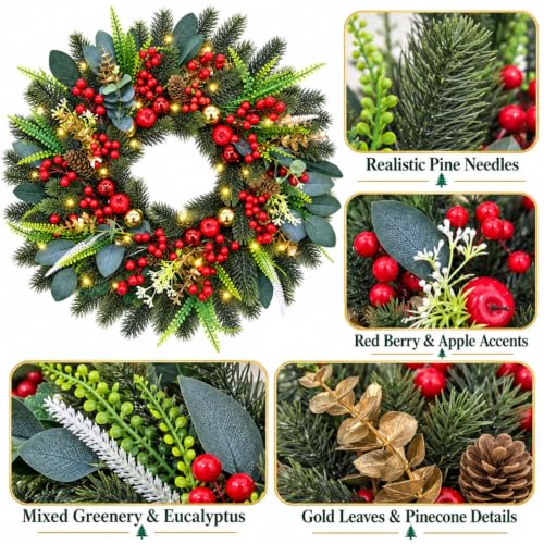 24-Inch Pre-Lit Christmas Wreath with Pine, Berries & LEDs for Front Door