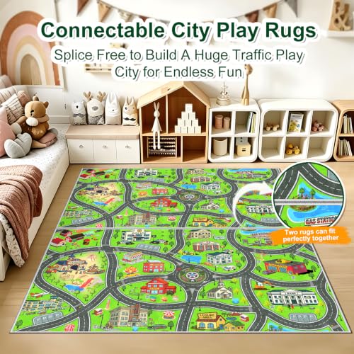 Kids City Road Play Rug 3x5ft Washable Non-Slip Car Play Mat - Green