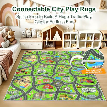 Kids City Road Play Rug 3x5ft Washable Non-Slip Car Play Mat - Green