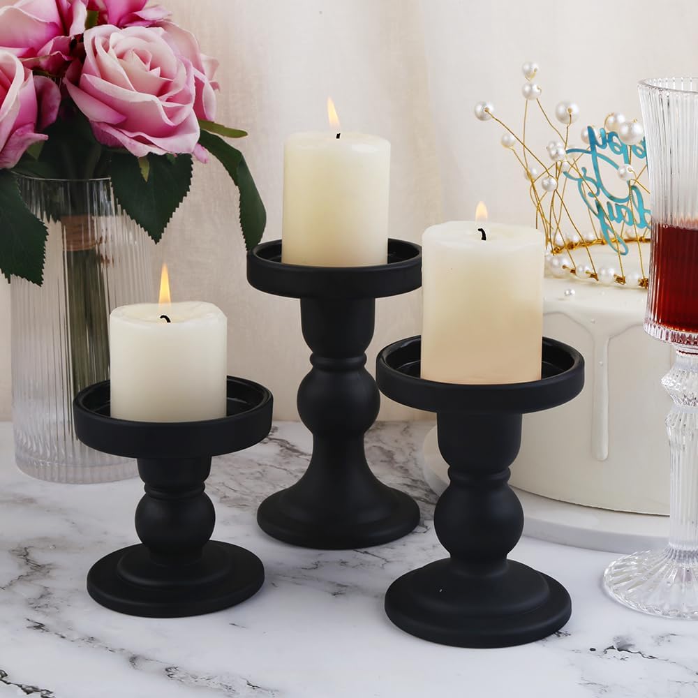 Skiennix 3-Piece Black Glass Candlestick Set - Elegant Crystal Holders for Weddings & Home Decor