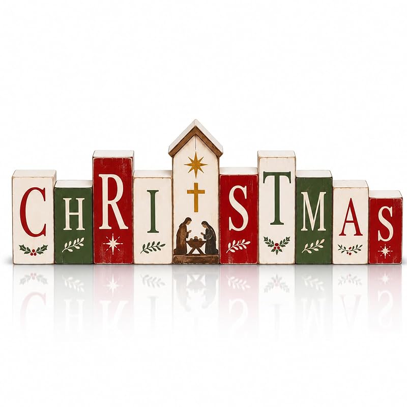 Nativity Bible Scene Tabletop Sign - Freestanding Rustic Christmas Decor, 11.8 x 4.7 in - Variation: Christmas