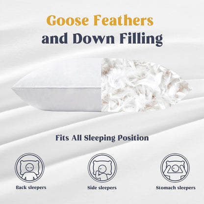 Puredown® Goose Feather & Down Pillows - 100% Cotton Cover, Set of 2, Standard Size for Ultimate Comfort