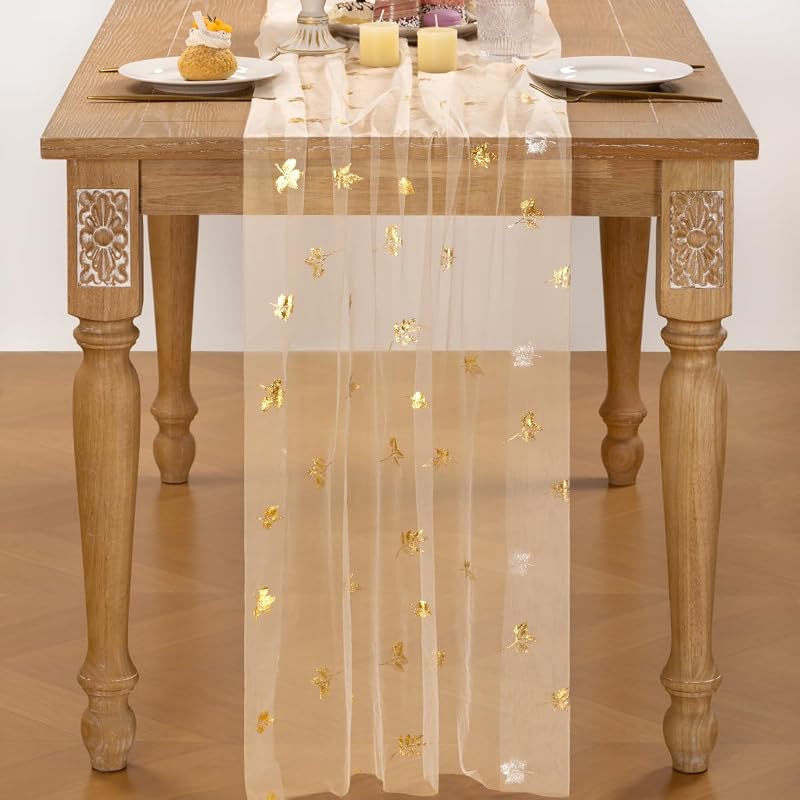 Beige Gold Glitter Gauze Table Runner 10 ft 29x120 Inch - Sparkling Cheesecloth for Weddings & Parties (Variation: Beige Gold Maple+1)