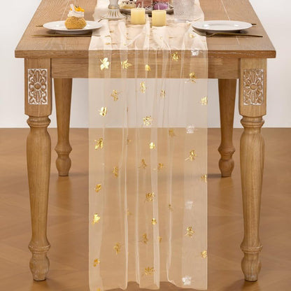 Beige Gold Glitter Gauze Table Runner 10 ft 29x120 Inch - Sparkling Cheesecloth for Weddings & Parties (Variation: Beige Gold Maple+1)