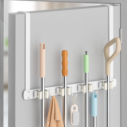 Skiennix Broom Holder - Wall-Mounted 304 Stainless Steel Organizer with Hooks | Over The Door, White
