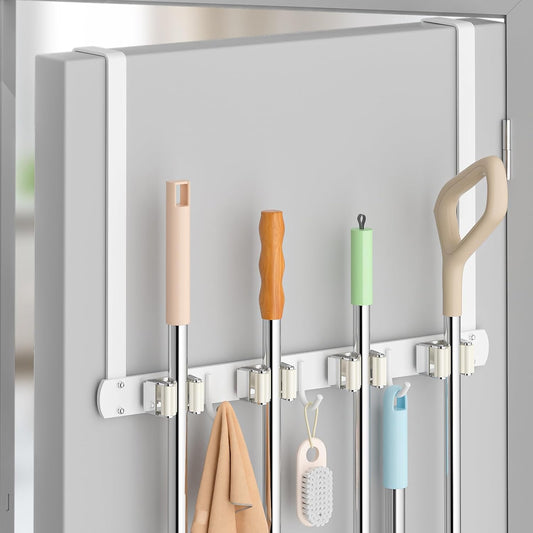 Skiennix Broom Holder - Wall-Mounted 304 Stainless Steel Organizer with Hooks | Over The Door, White