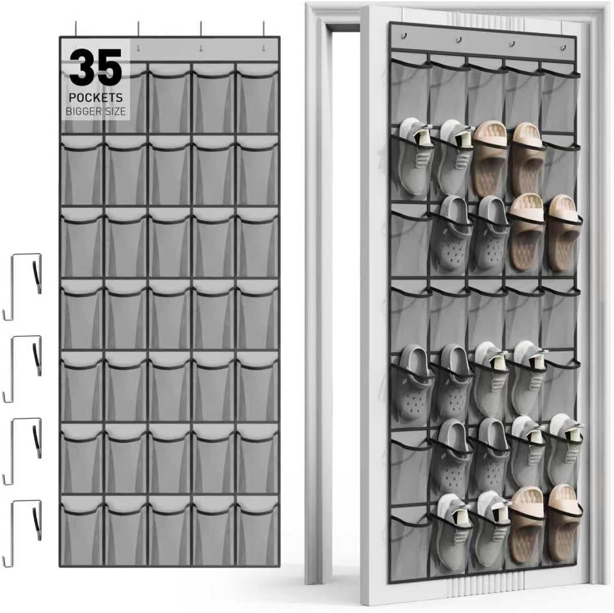 WVM Over The Door Shoe Organizer - 35 Breathable Mesh Pockets & 4 Metal Hooks - Large Grey Storage Solution
