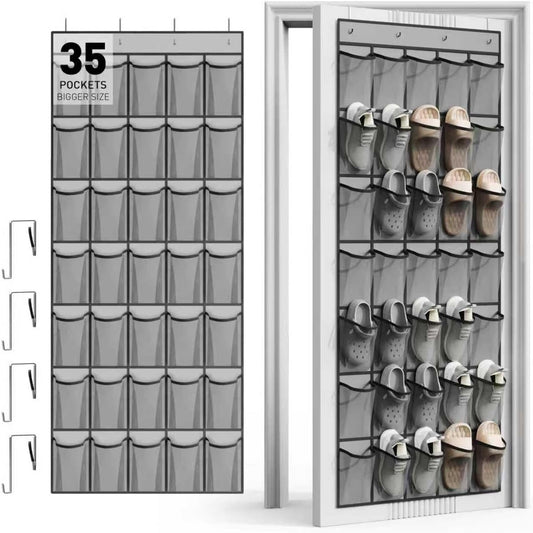 WVM Over The Door Shoe Organizer - 35 Breathable Mesh Pockets & 4 Metal Hooks - Large Grey Storage Solution
