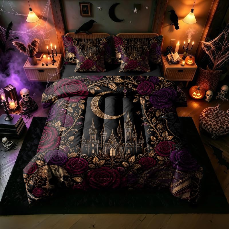 Gothic Comforter Set Queen 7 Piece Halloween Skull Bedding with Red Roses - Skull 03 Variation