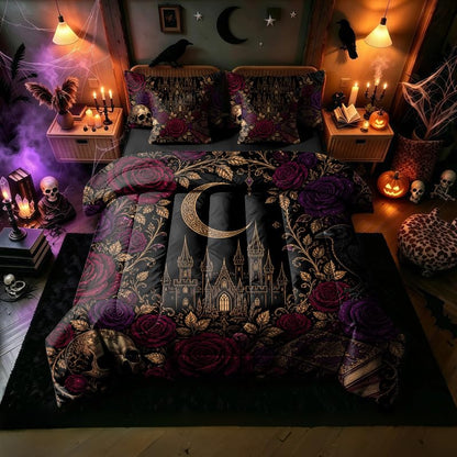 Gothic Comforter Set Queen 7 Piece Halloween Skull Bedding with Red Roses - Skull 03 Variation