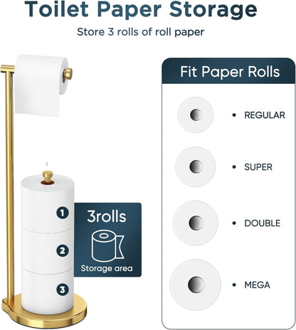 Theaoo Heavy-Duty Toilet Paper Holder Stand - Modern Freestanding Stainless Steel Tissue Roll Holder (Gold)