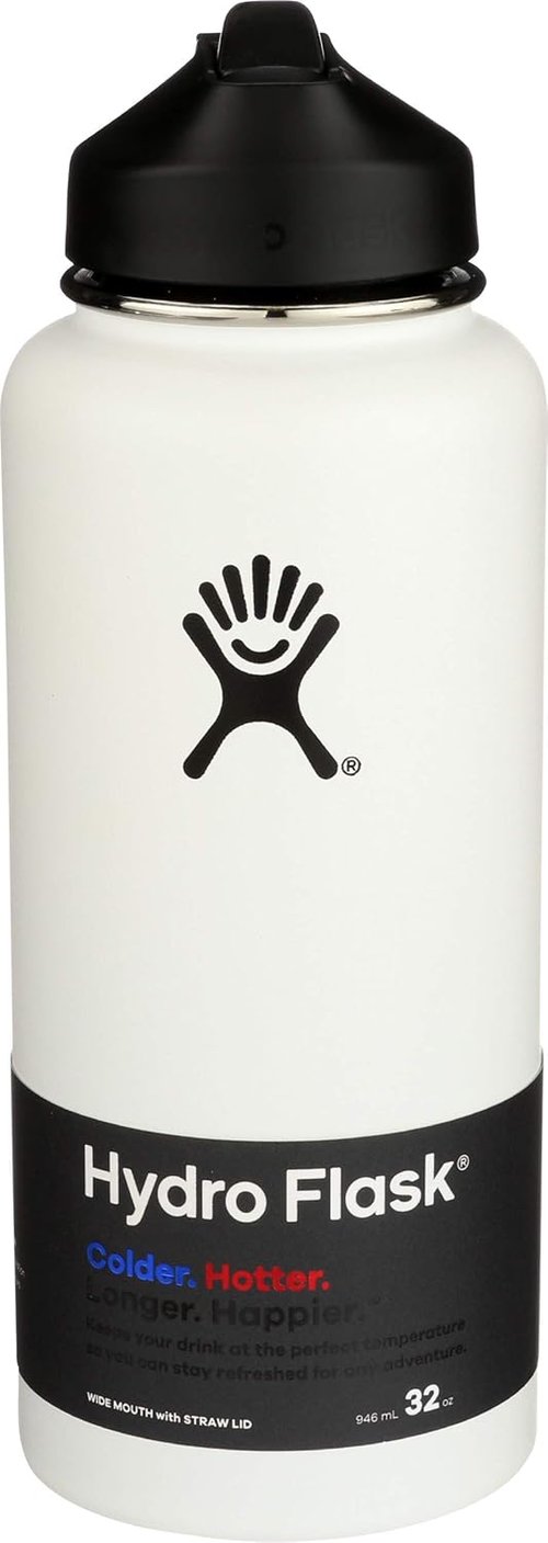Hydro Flask Vacuum Insulated Water Bottle - Wide Mouth with Straw Lid | 32-Ounce, White