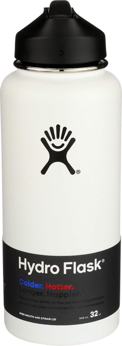 Hydro Flask Vacuum Insulated Water Bottle - Wide Mouth with Straw Lid | 32-Ounce, White