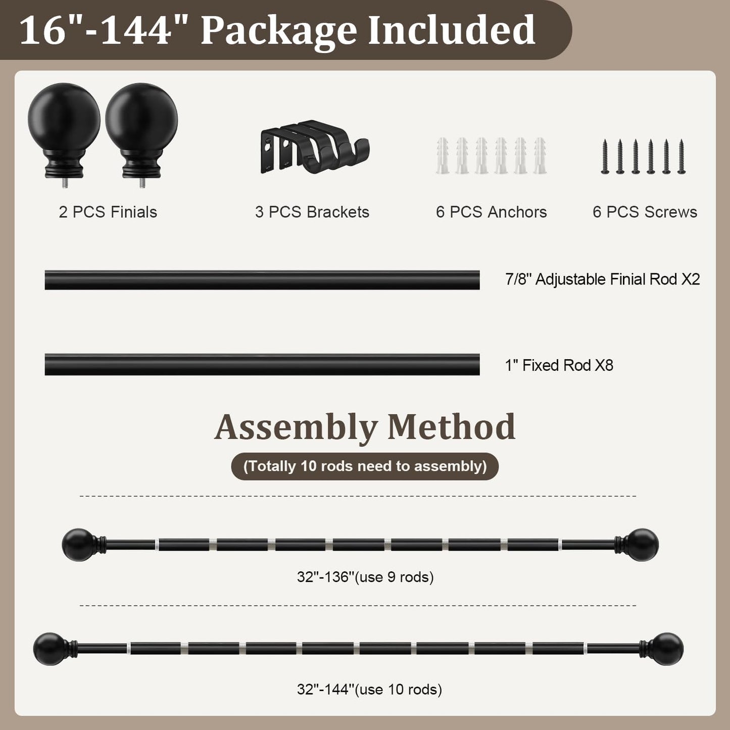 Skiennix Black Curtain Rods - Heavy Duty Metal Adjustable 72-144 Inch for Blackout Window Treatments