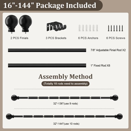 Black Curtain Rods for Windows 72 to 144 Inch 1" Diameter Heavy Duty Metal Adjustable Extra Long Blackout Traverse Window Treatment Rods with Decorative Finials Doorway Living Room Bedroom Kitchen