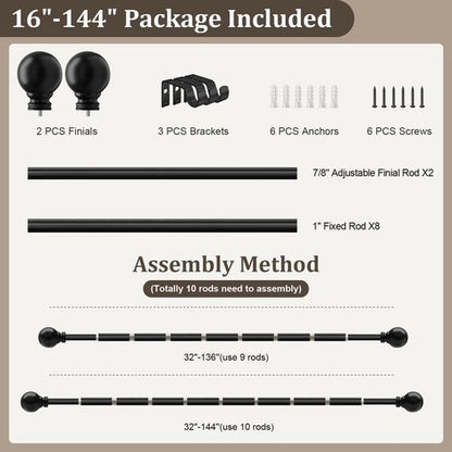 Black Curtain Rods for Windows 72 to 144 Inch 1" Diameter Heavy Duty Metal Adjustable Extra Long Blackout Traverse Window Treatment Rods with Decorative Finials Doorway Living Room Bedroom Kitchen