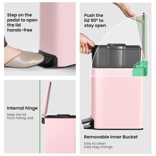 Cesun Small Bathroom Trash Can with Lid Soft Close, Step Pedal, 6 Liter / 1.6 Gallon Stainless Steel Garbage Can with Removable Inner Bucket, Anti-Fingerprint Finish (Pink)