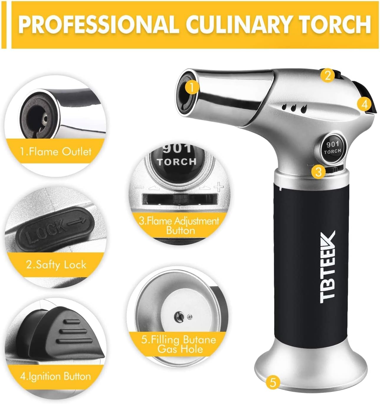 TBTeek Torch Lighter - Butane Kitchen Torch with Safety Lock & Adjustable Flame | 180ml Fuel Included
