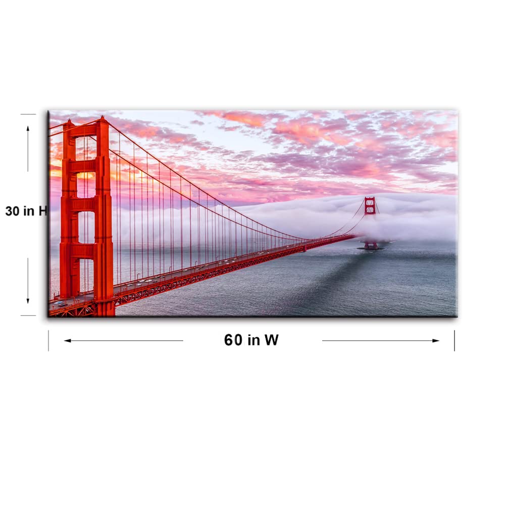 San Francisco Red Golden Gate Bridge At Dusk Canvas Wall Art For BedRoom,Modern Realism City Building Picture,Califonia Foggy Cityscape Painting Decor,Bracket Fixed Ready To Hang,Inner Frame (30x60)