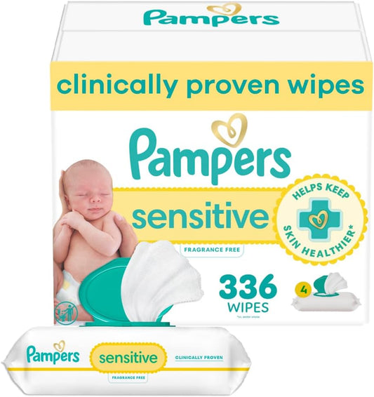 Pampers Baby Wipes - Sensitive Water-Based, Hypoallergenic & Unscented | 336 Wipes in 4 Packs