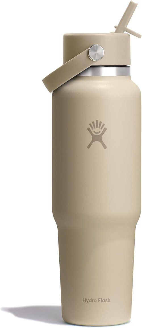 Hydro Flask Travel Water Bottle - Insulated Stainless Steel - 40 Oz Oat Tan with Wide Straw Lid