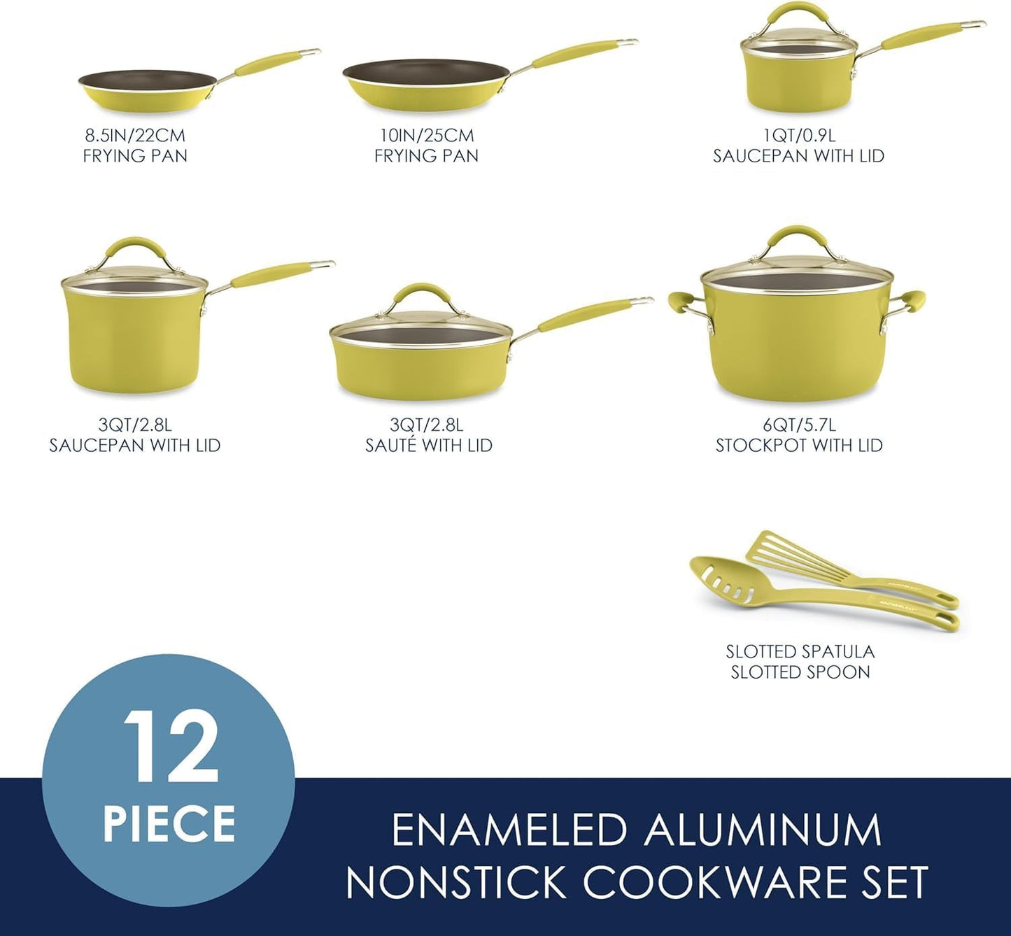 Rachael Ray Cucina 12-Piece Nonstick Cookware Set - Lemongrass Green | Durable & Stylish