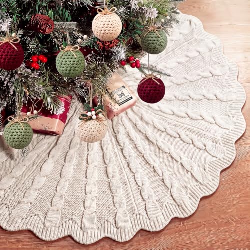48 Inch Chunky Cable Knit Christmas Tree Skirt - Beige, Farmhouse Style
