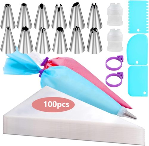 100Pcs Disposable Piping Bags Set by [Brand Name] - 12 Inch Icing Bags with 16 Tips & Cake Scrapers