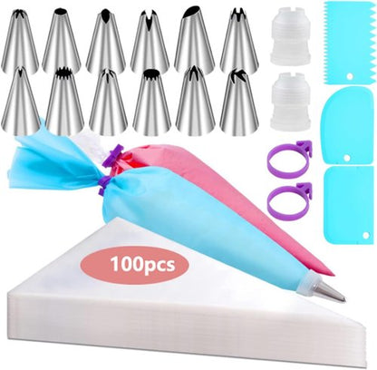 100Pcs Disposable Piping Bags Set by [Brand Name] - 12 Inch Icing Bags with 16 Tips & Cake Scrapers