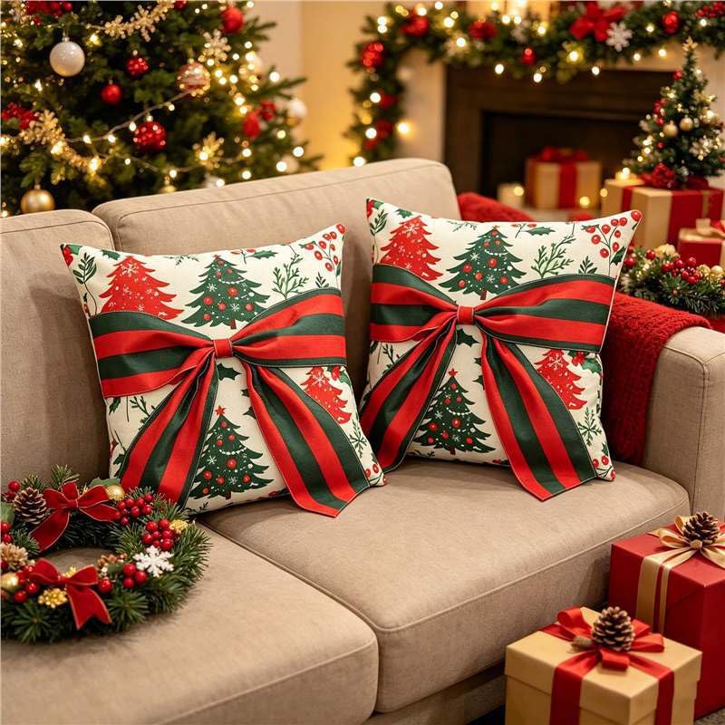 Christmas Pillow Covers 18x18 Inches Set of 2 - Red Pine Cones & Green Plant Prints