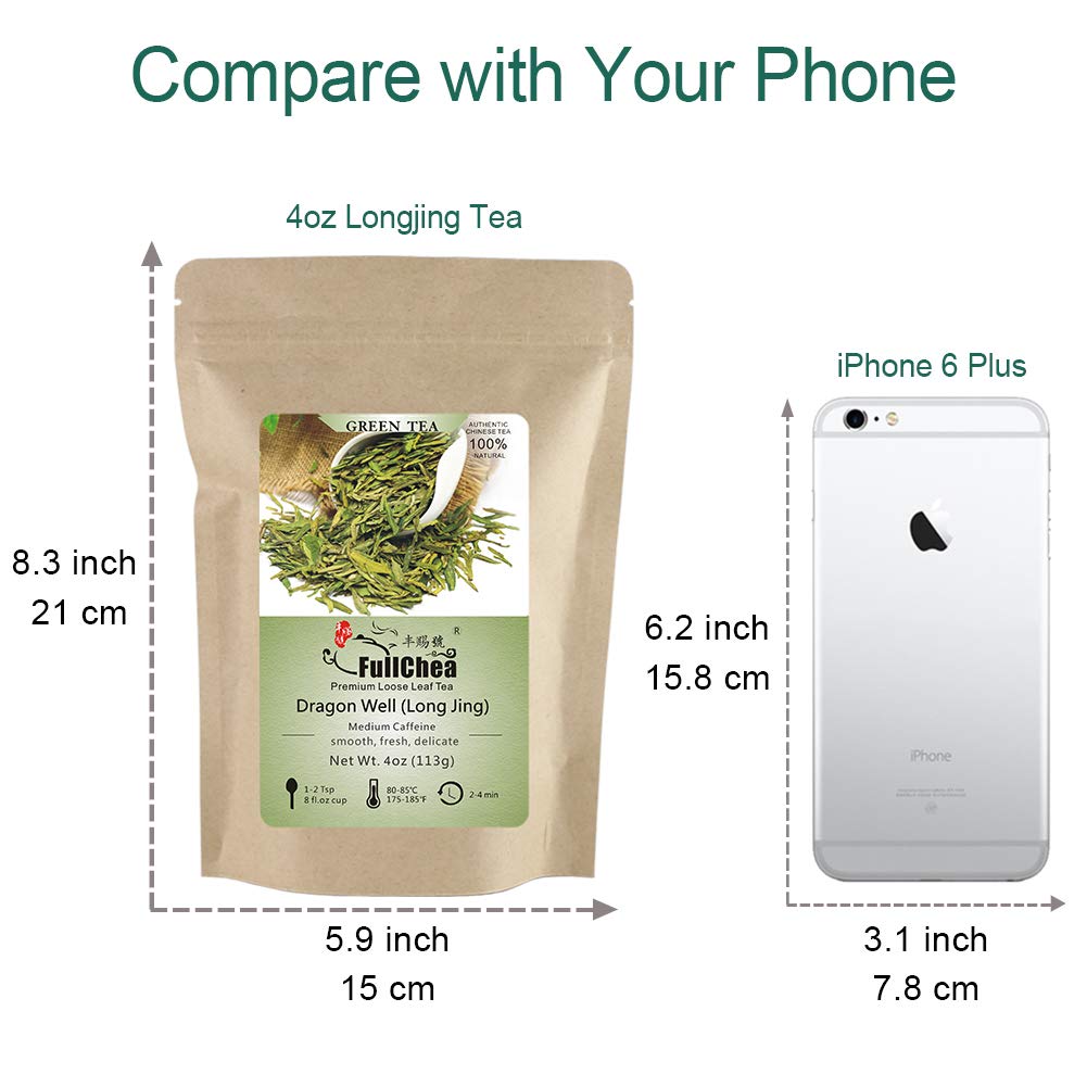 FullChea - Longjing Tea - Dragonwell Tea - Chinese Green Tea Loose Leaf - First Grade - Natural Lung Ching Dragon Well - 4oz / 113g