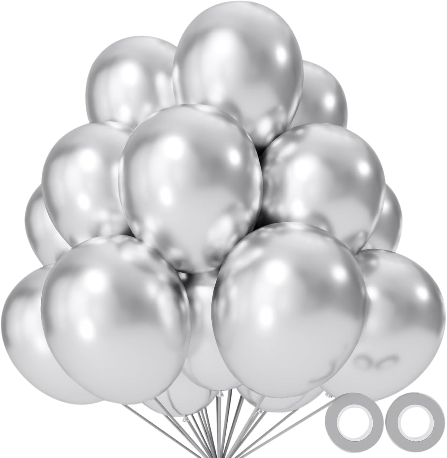 Metallic Silver Balloons by [Brand Name] - 12-Inch Latex Balloons for Birthday Party & Baby Shower | 110 Pack with Ribbons