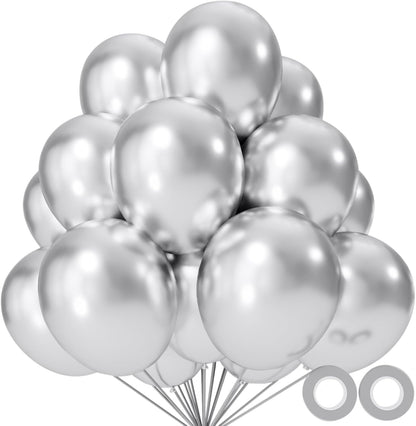 Metallic Silver Balloons by [Brand Name] - 12-Inch Latex Balloons for Birthday Party & Baby Shower | 110 Pack with Ribbons