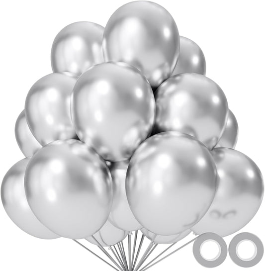 Metallic Silver Balloons by [Brand Name] - 12-Inch Latex Balloons for Birthday Party & Baby Shower | 110 Pack with Ribbons