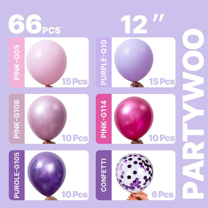 PartyWoo 12-Inch Pink & Purple Balloons - 66pcs Pastel Metallic & Confetti for Baby Shower & Birthday Decor