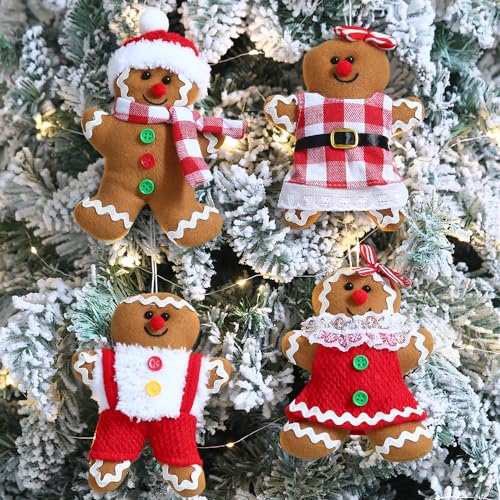 Gingerbread Man Ornaments Set - 4 Christmas Tree Decorations, 5.7 Inch & 6.8 Inch Tall, Holiday Decor