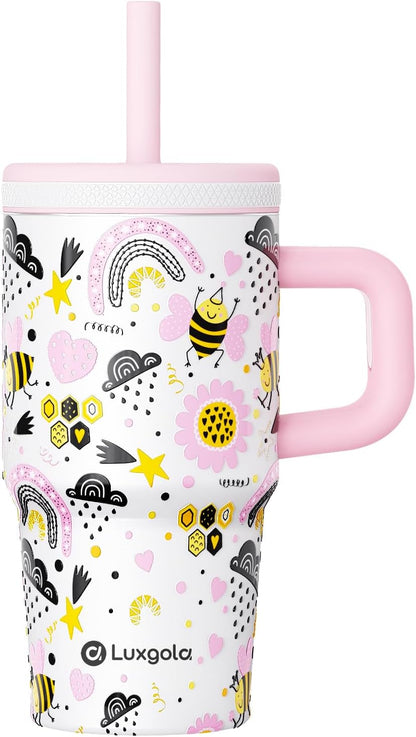 Skiennix Kids 20 Oz Tumbler - Leak-Proof Stainless Steel Water Bottle with Handle & Straw | Cute Bee Design