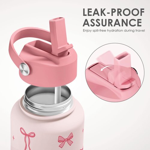 Coquette Stainless Steel Water Bottle - 32oz Insulated Pink Bow Gift for Women & Teens