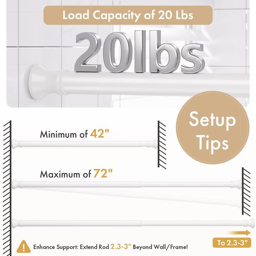 Amazer Spring Tension Shower Curtain Rod, 42-72 Inches Rust-Resistance Tension Curtain Rod Bathroom Rod, Adjustable Shower Curtain Rod No Drill, White