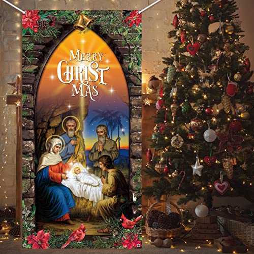 Religious Christmas Nativity Door Cover - Holy Scene for Holiday Decor 70x35 Inches