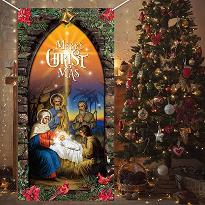 Religious Christmas Nativity Door Cover - Holy Scene for Holiday Decor 70x35 Inches