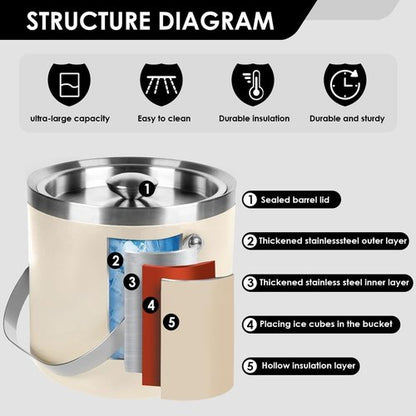 3L Beige-White Double Wall Insulated Stainless Steel Ice Bucket with Scoop for Cocktail Bar,Metal Ice Bucket for Freezer with Lid for Parties.ice Container to Keep Ice Colder,bar cart Accessories