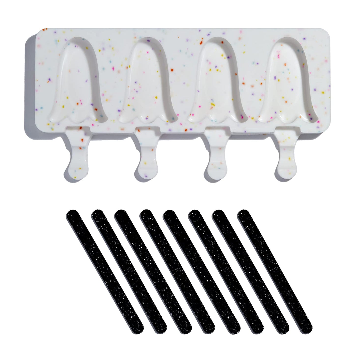 Fancy Sprinkles Limited Edition Halloween Billie Ghost Mold, 4 Cavities Reusable Silicone, For Baking & Dessert Decorating, Includes 8 Black Glitter Acrylic Sticks (10 ¼” W x ⅞” H x 6 ⅜” D)