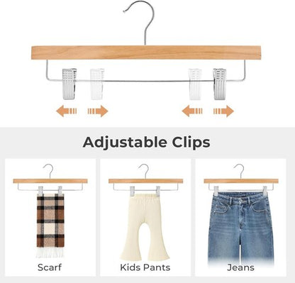 HOUSE DAY Premium Wooden Pants Hangers - 25 Pack Solid Lotus Wood with Adjustable Clips | Heavy Duty Anti-Slip Design (Natural)