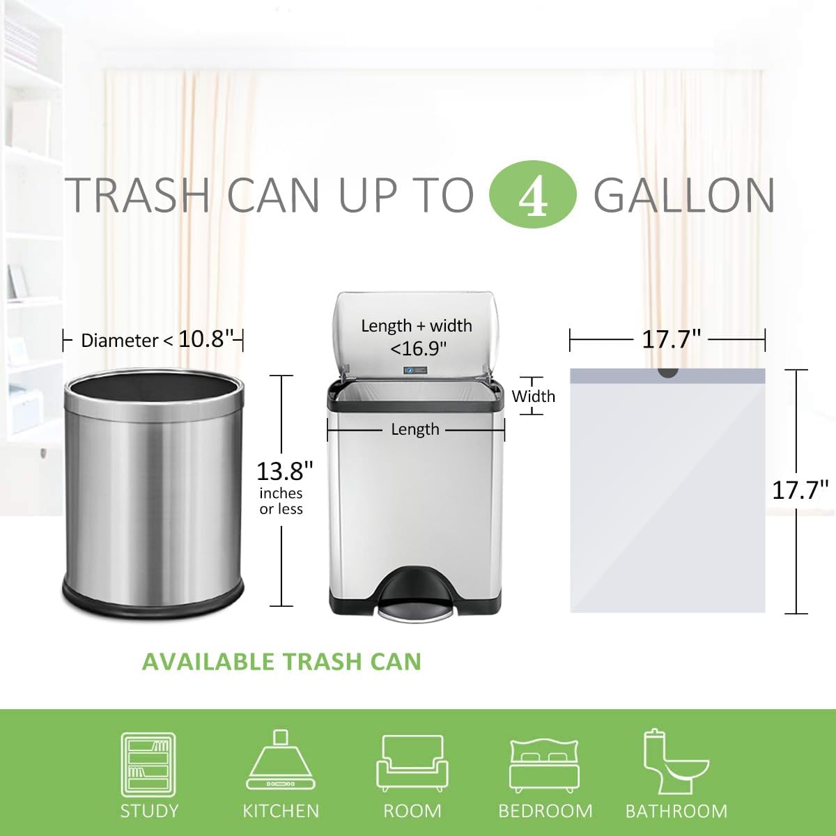 Teivio 4 Gallon Strong Drawstring Trash Bags - 140 Count White Garbage Bin Liners for Home & Office