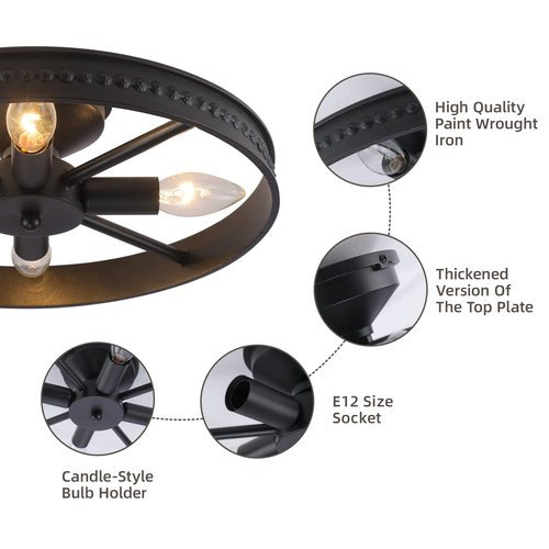 KJLARS Ceiling Light Fixture Flush Mount Ceiling Lamp Black Farmhouse Chandelier Industrial Rustic Light fixtures Pendant Lighting 4-Light E12 Kitchen Lighting