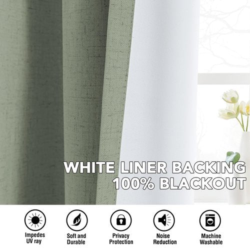 H.VERSAILTEX Linen Curtains 100% Blackout Curtains for Bedroom 54 inch Long Full Light Blocking Nature Linen Blended Window Curtains for Living Room Nickel Grommet (2 Panels, Heathered Dried Sage)